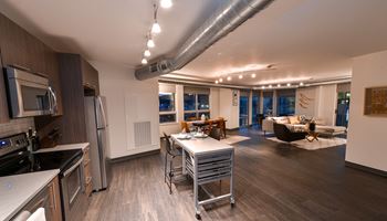 a kitchen and living room